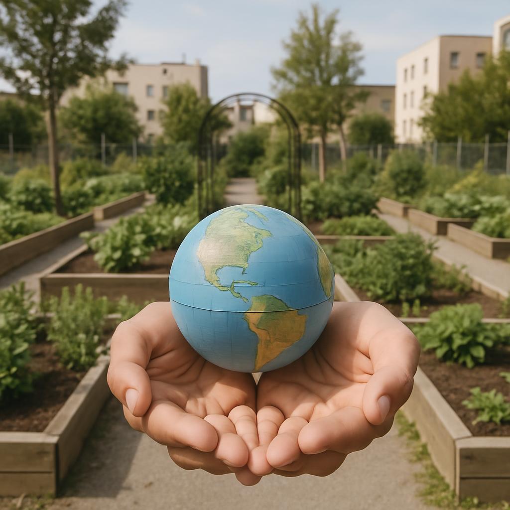 A pair of hands cradling a small globe, set against a backdrop of raised garden beds, with a calm outdoor environment and ...