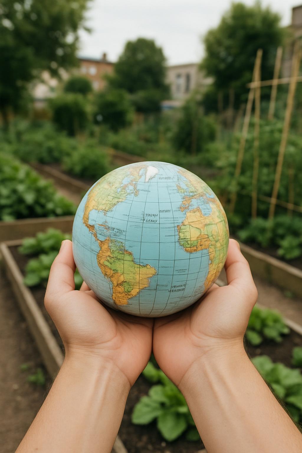 Two hands are holding up a model globe with North America in front of raised garden beds.