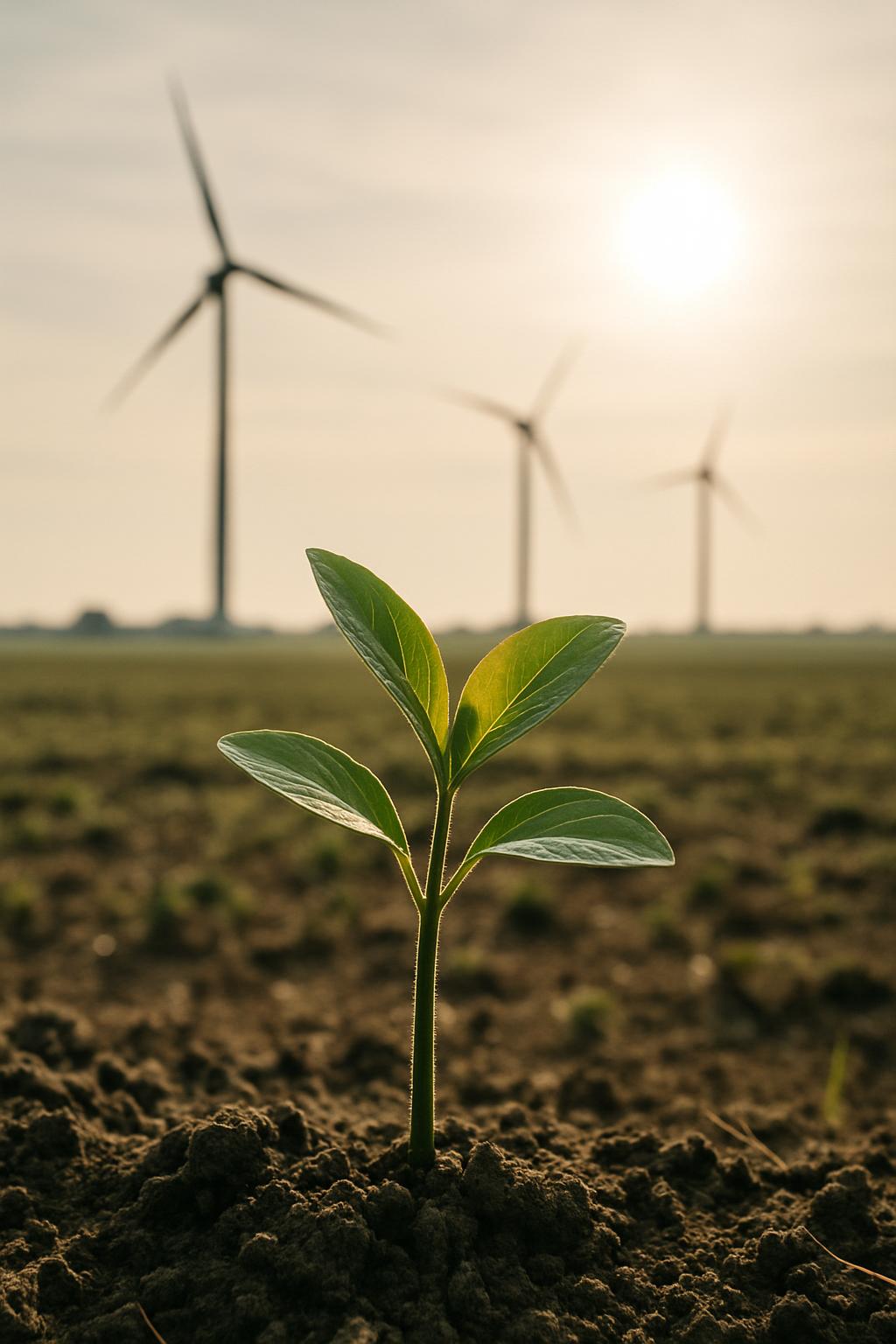 "The image depicts a small plant sprouting from the ground, with wind turbines visible in the background."