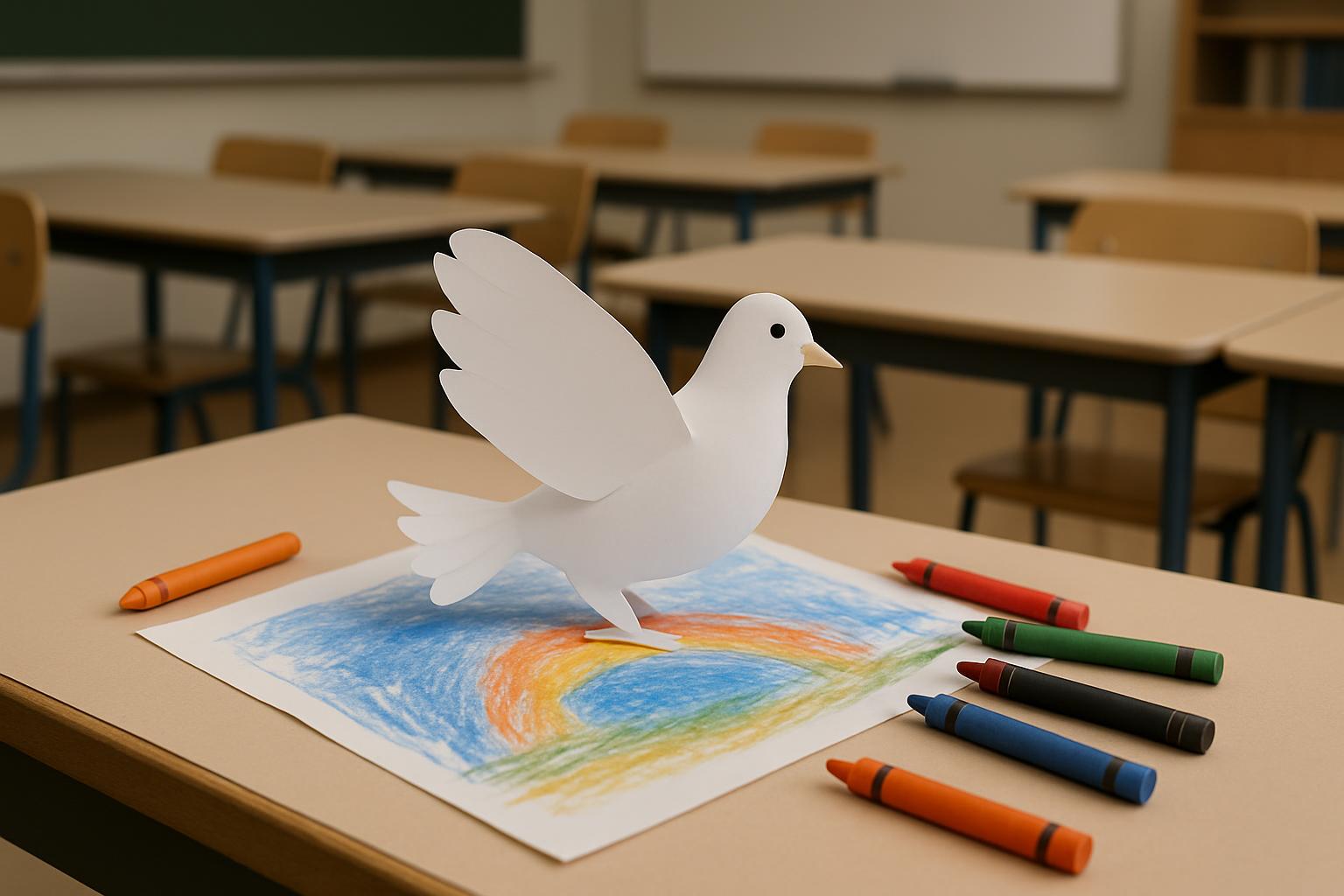 A white dove standing on a colorful crayon drawing of a rainbow on a table in an empty classroom.