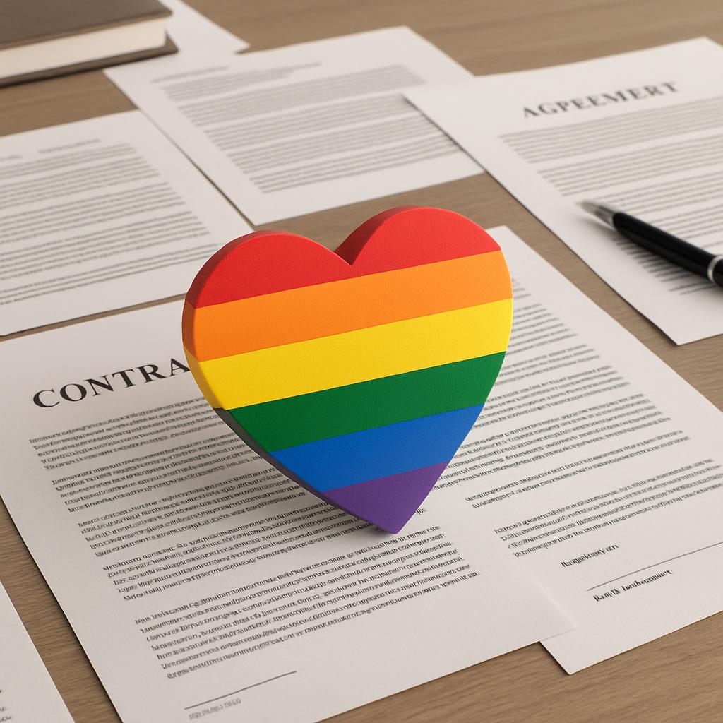 A close-up view of a heart-shaped object with a rainbow of colors, placed on top of a contract document. It appears to be ...