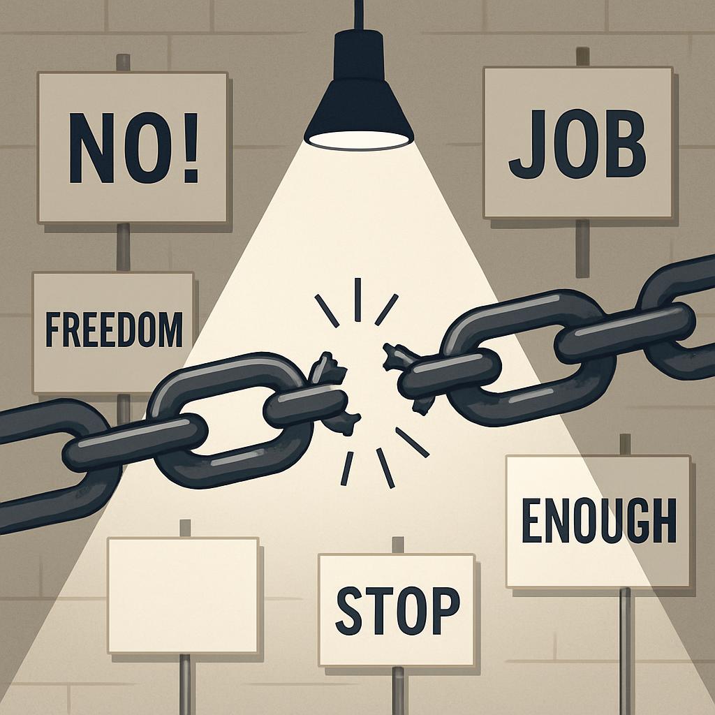 A campaign against slavery with the tags "no (exclamation mark), freedom, stop (and thereby 'job' is implied), enough". ">"