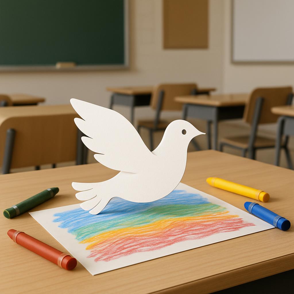"A white dove on a classroom desk with crayons, a rainbow drawing, and a chalkboard in the background".