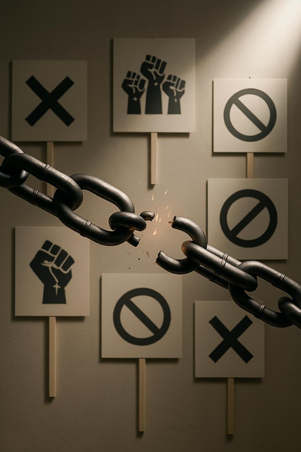 Signs depicting a black power fist, prohibition sign, and a cross displayed behind worried-looking Ralph Caswell, who is a...