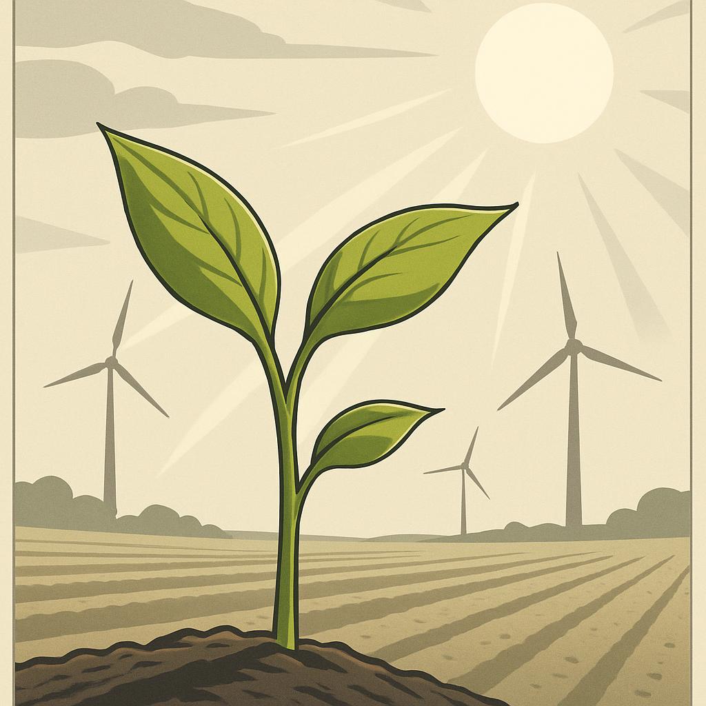 The plant’s leaves are growing out of the dirt. There are windmills in the background behind the plant, lining up with the...