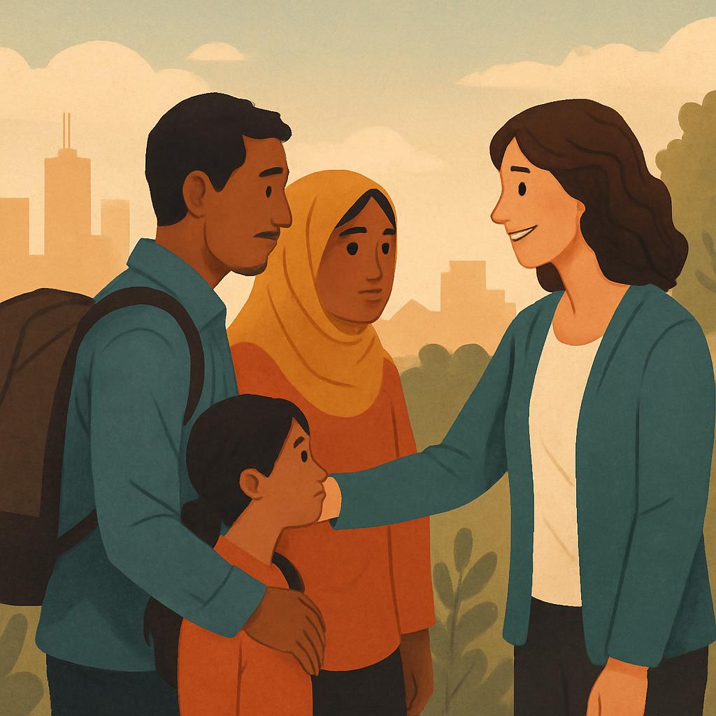 A diverse group of four people, consisting of a man, a woman, a woman wearing a hijab, and a child, are depicted standing ...